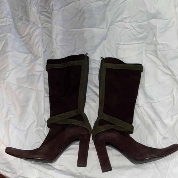 Brown Suede Prada Boots with Green Ribbon Detail - Picture 2 of 2